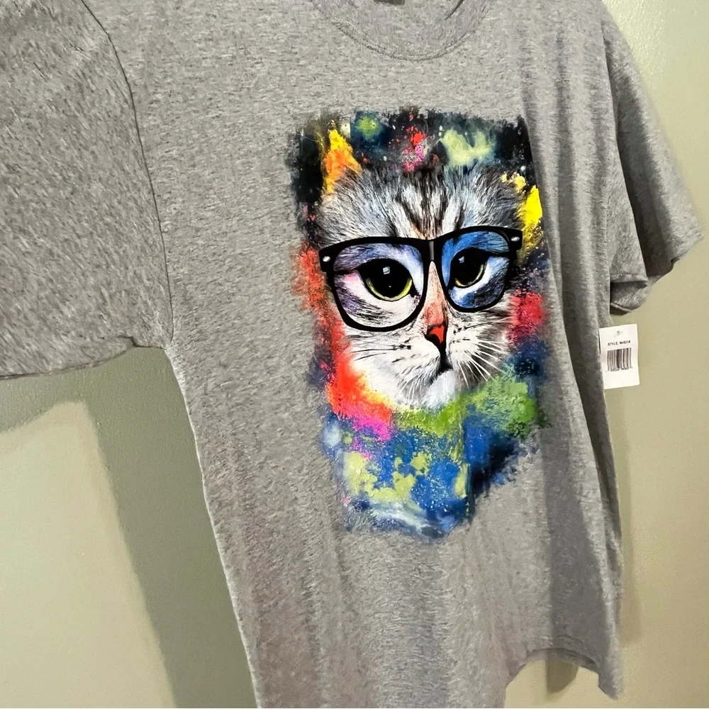 Fruit Lum VTG 2000 Gray Cat In Glasses Graphic T-Shirt Womens Cotton L NWT